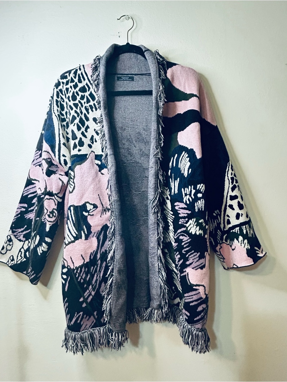 Parfois Fringed Open-Front Floral & Animal Print Cardigan - Pink & Black